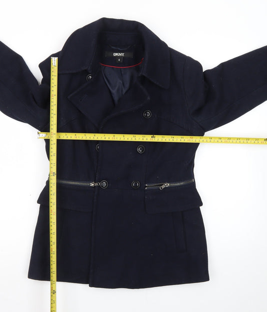 DKNY Women's Blue Wool Pea Coat Size 8 Classic Short Double-Breasted