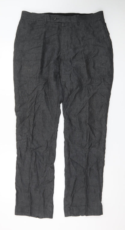 Next Men's Grey Linen Formal Trousers 34L Slim Straight Fit