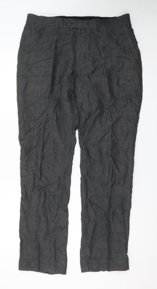 Next Men's Grey Linen Formal Trousers 34L Slim Straight Fit