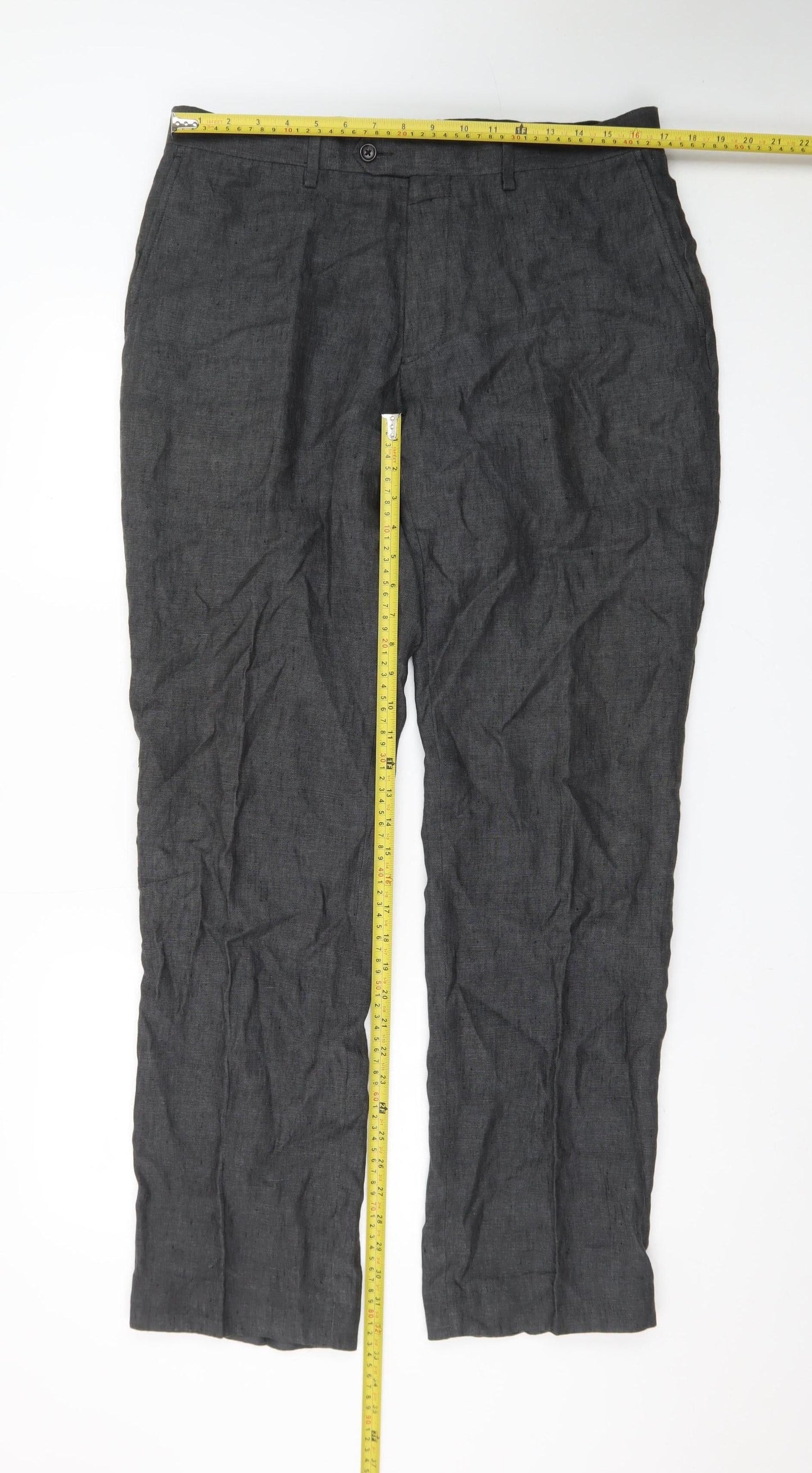 Next Men's Grey Linen Formal Trousers 34L Slim Straight Fit