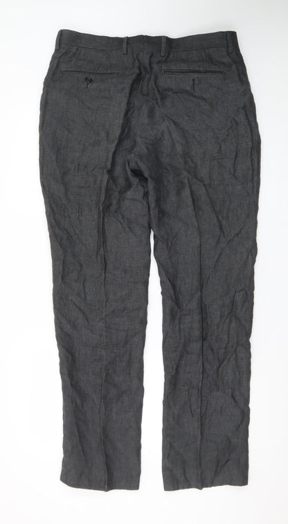 Next Men's Grey Linen Formal Trousers 34L Slim Straight Fit
