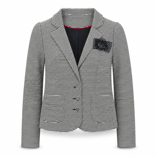 Front view of Red Herring Women Black White Striped Blazer, size 10, Classic Tailored Jacket