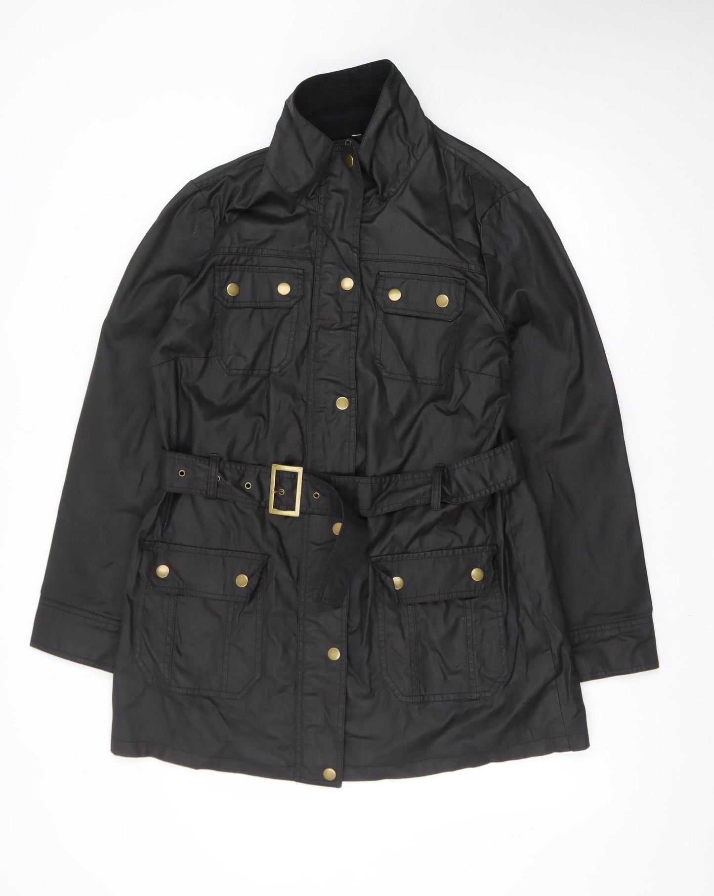 F&F Women's Black Belted Parka Jacket Size 16 Cotton Mid-Length