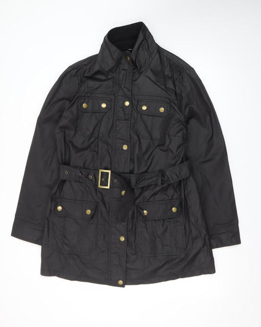 F&F Women's Black Belted Parka Jacket Size 16 Cotton Mid-Length