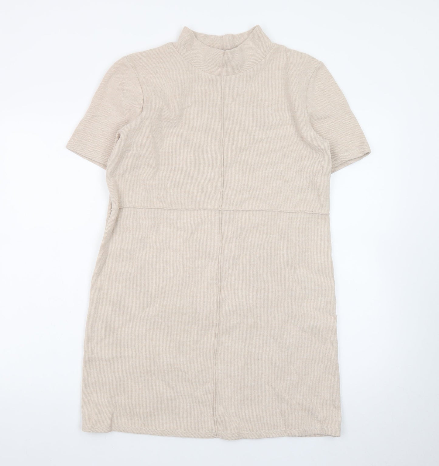 Zara Women Beige Mock Neck Short Sleeve Knit Shift Dress Size 12