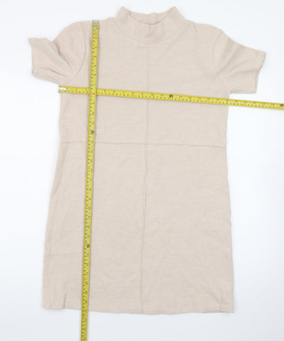 Zara Women Beige Mock Neck Short Sleeve Knit Shift Dress Size 12