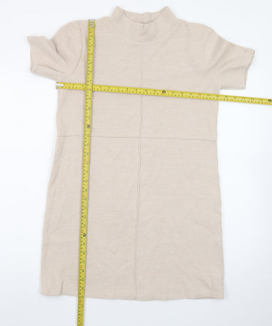 Zara Women Beige Mock Neck Short Sleeve Knit Shift Dress Size 12