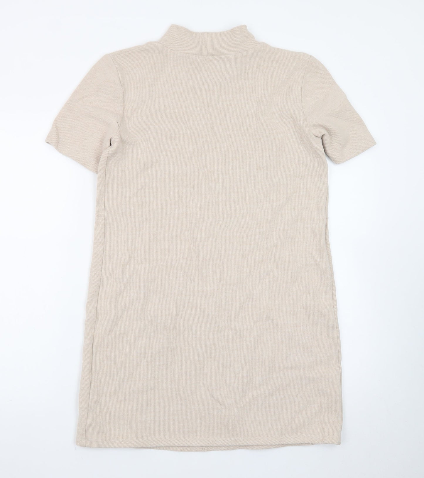 Zara Women Beige Mock Neck Short Sleeve Knit Shift Dress Size 12