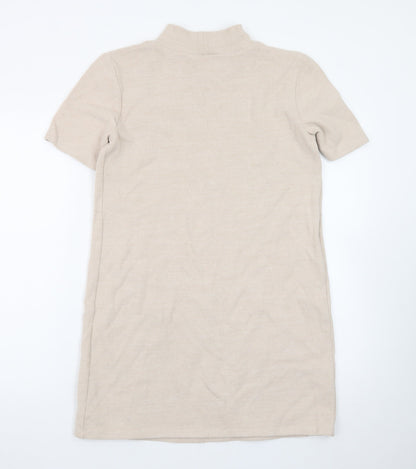 Zara Women Beige Mock Neck Short Sleeve Knit Shift Dress Size 12