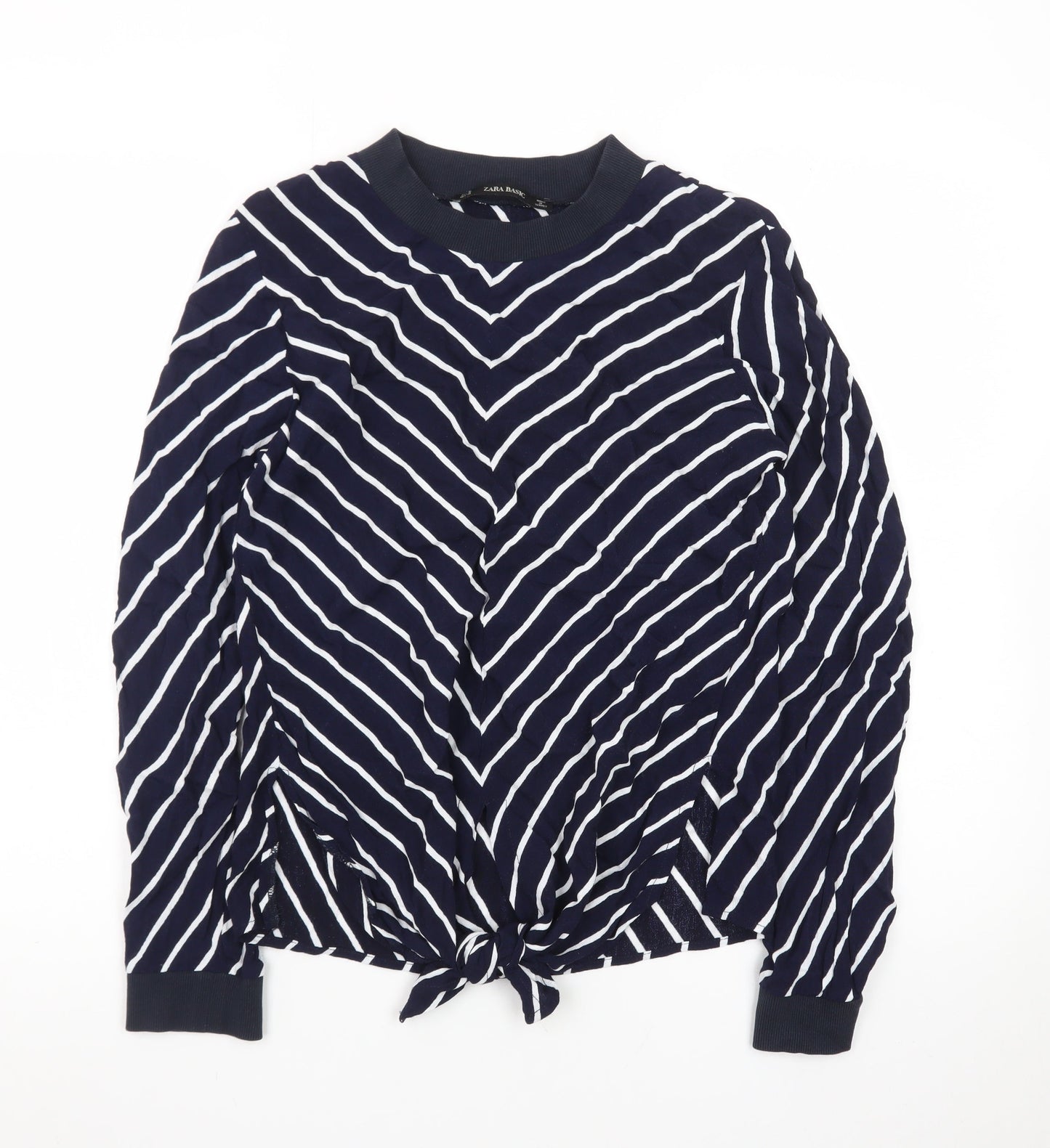 Zara Basic Women's Blue Striped Tie Hem Long Sleeve Blouse Size 12