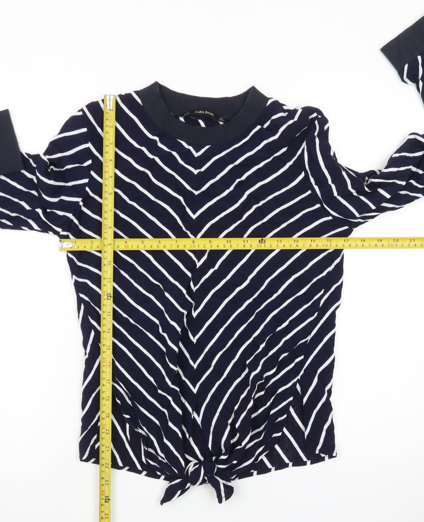 Zara Basic Women's Blue Striped Tie Hem Long Sleeve Blouse Size 12