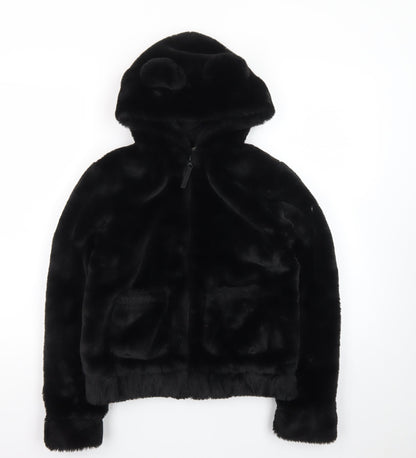 H&M Girls Black Faux Fur Full Zip Hooded Bear Ears Hoodie 10-12 Years