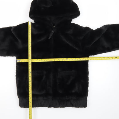 H&M Girls Black Faux Fur Full Zip Hooded Bear Ears Hoodie 10-12 Years