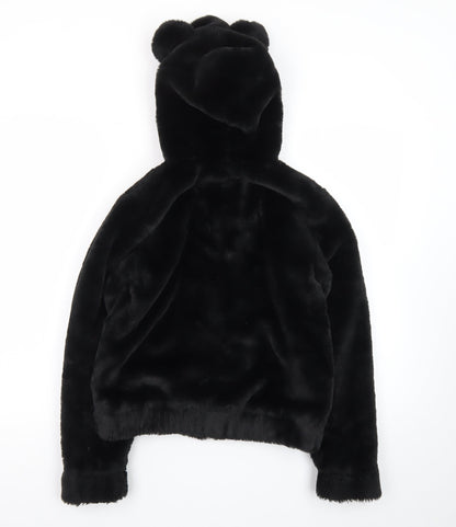 H&M Girls Black Faux Fur Full Zip Hooded Bear Ears Hoodie 10-12 Years