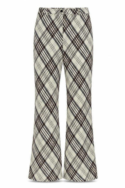 Topshop Womens Beige Check Flared Trousers Size 8 Stretch Cotton