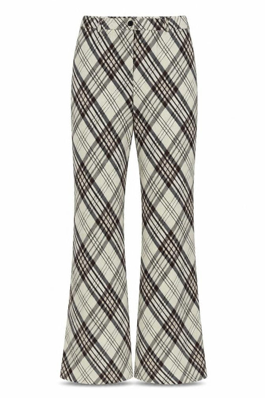 Topshop Womens Beige Check Flared Trousers Size 8 Stretch Cotton