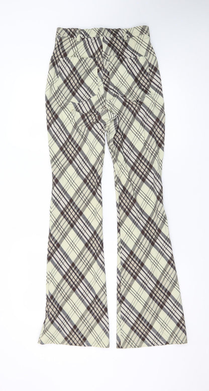 Topshop Womens Beige Check Flared Trousers Size 8 Stretch Cotton
