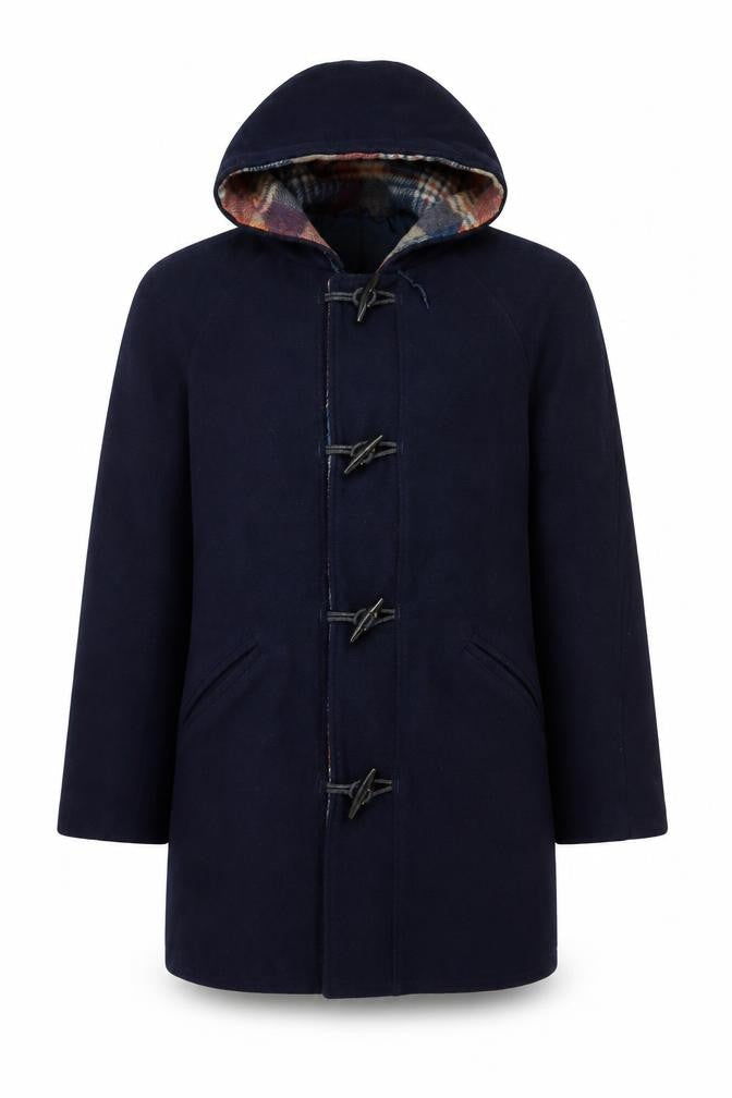 Fox Knapp Men's Blue Wool Duffle Coat Size 40 Hooded Mid-Length