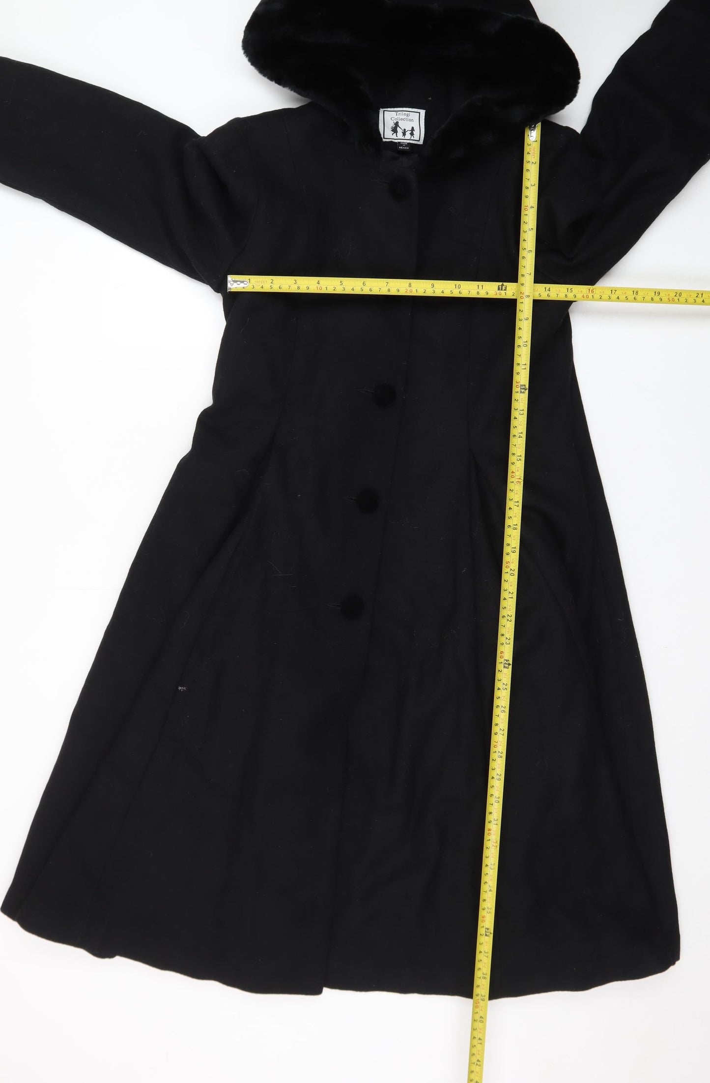 Trilogi Collection Teens Black Wool Hooded Fur Trim Long Coat Size 14