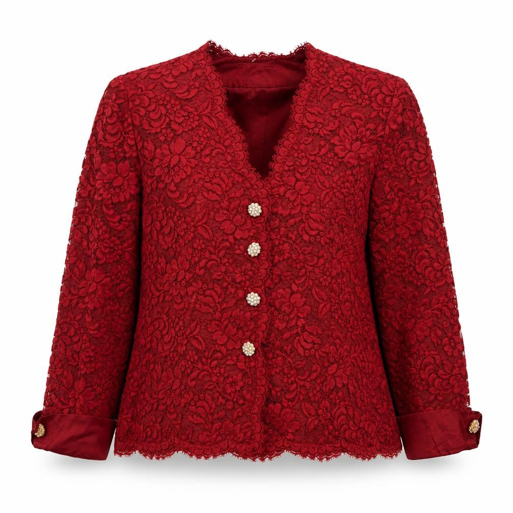 Rickie Freeman Red Lace Silk Trim Suit Top Women’s Size 12