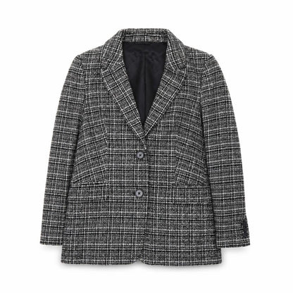 Marks and Spencer Women Black Check Blazer Size 10 Classic Wool Blend