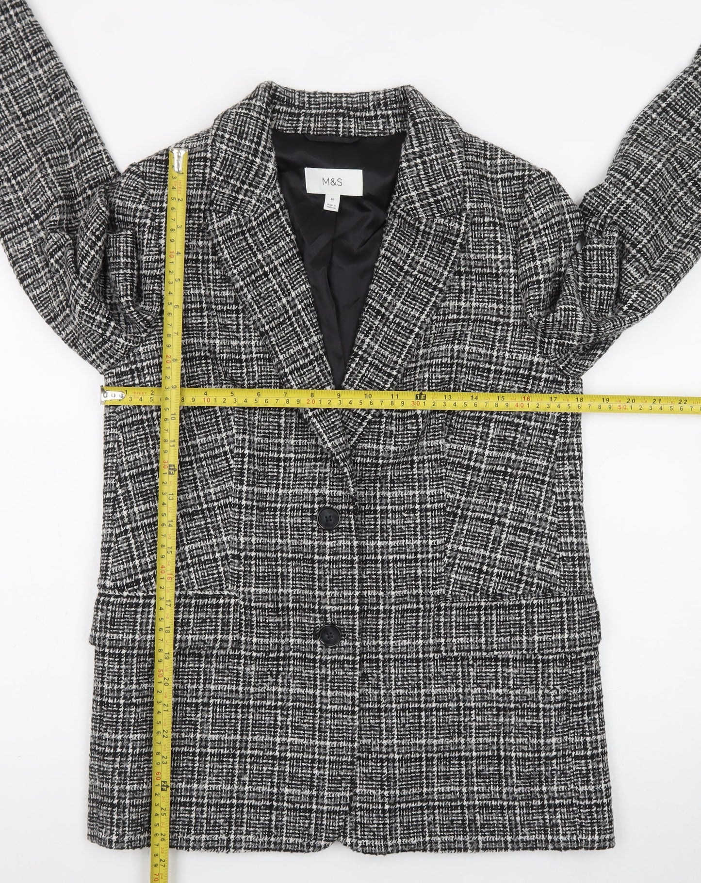 Marks and Spencer Women Black Check Blazer Size 10 Classic Wool Blend