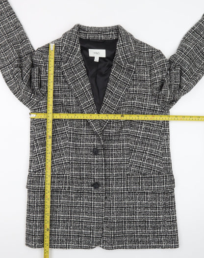 Marks and Spencer Women Black Check Blazer Size 10 Classic Wool Blend