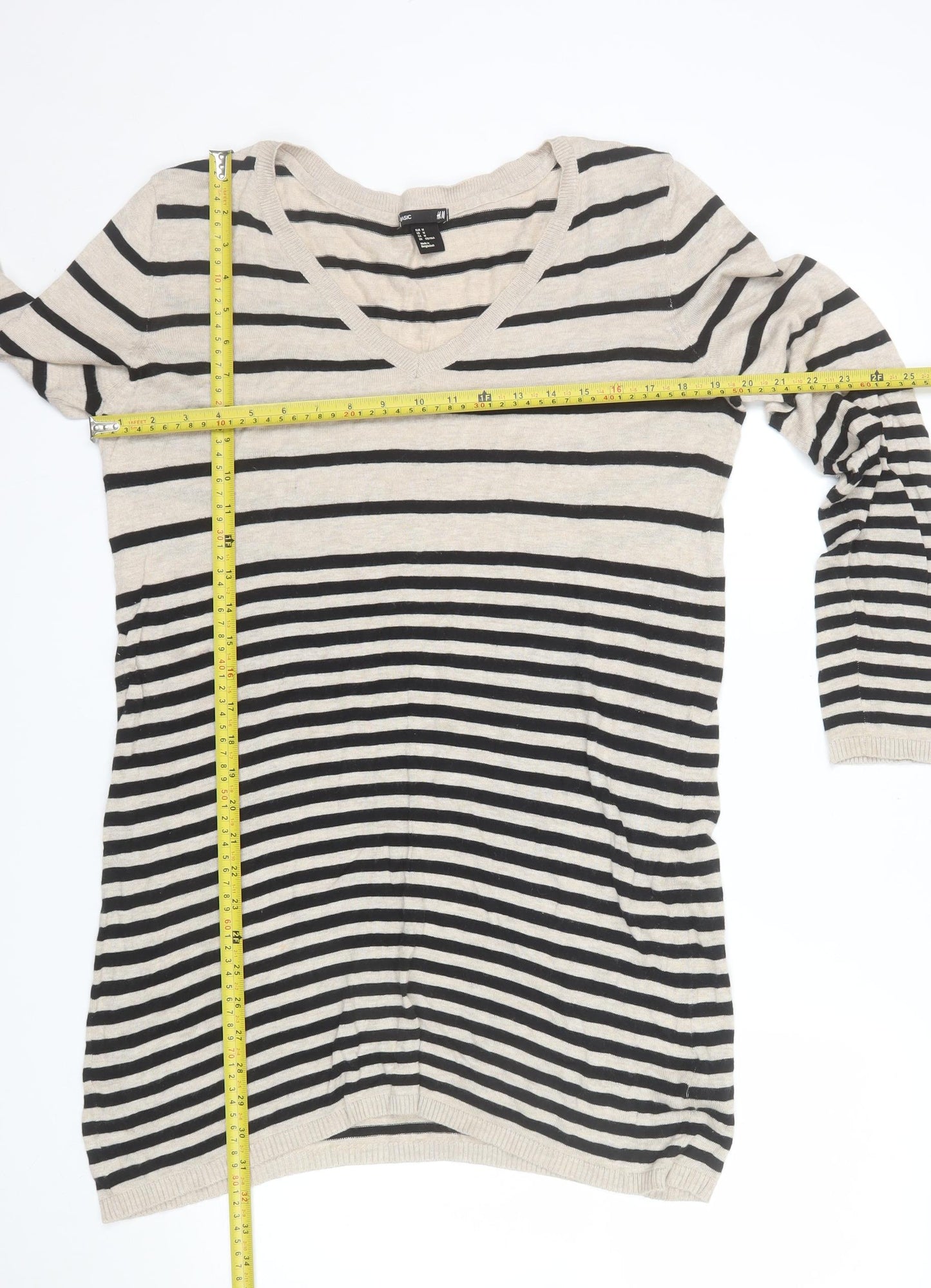 H&M Women’s Beige Striped V-Neck Long Sleeve Knit Jumper Size 12