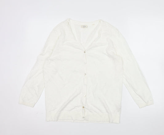 Fat Face Women White Cotton V-Neck Button Cardigan Size 12