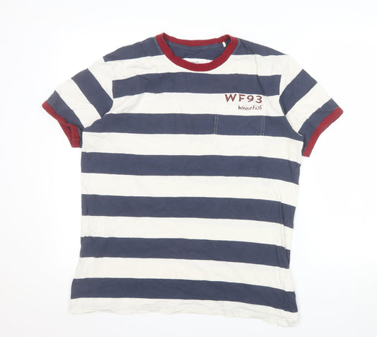 Weird Fish Men's Blue White Striped Cotton Crew Neck T-Shirt Size M
