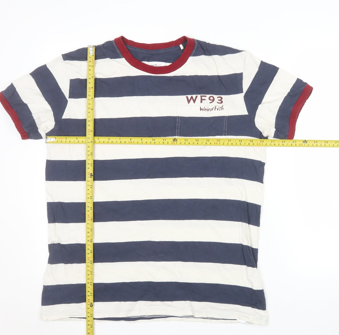 Weird Fish Men's Blue White Striped Cotton Crew Neck T-Shirt Size M