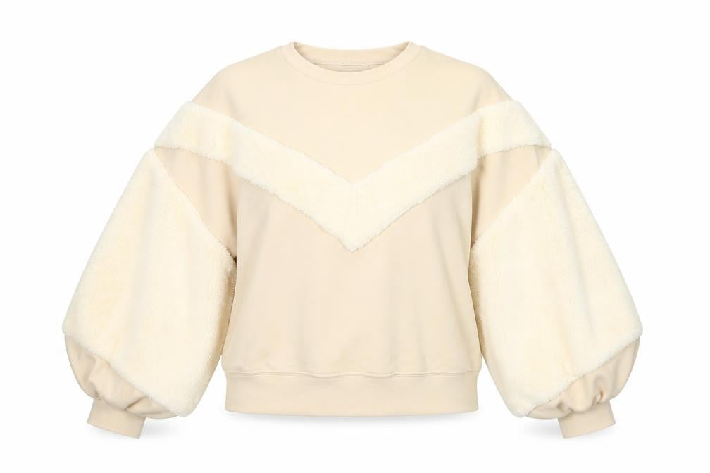 Zara Women Beige Faux Fur Sleeve Pullover Sweatshirt Size S