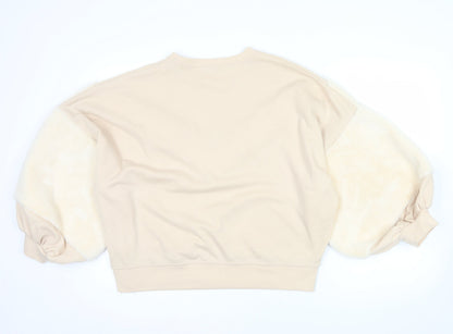ZARA Women Beige Faux Fur Sleeve Pullover Sweatshirt Size S