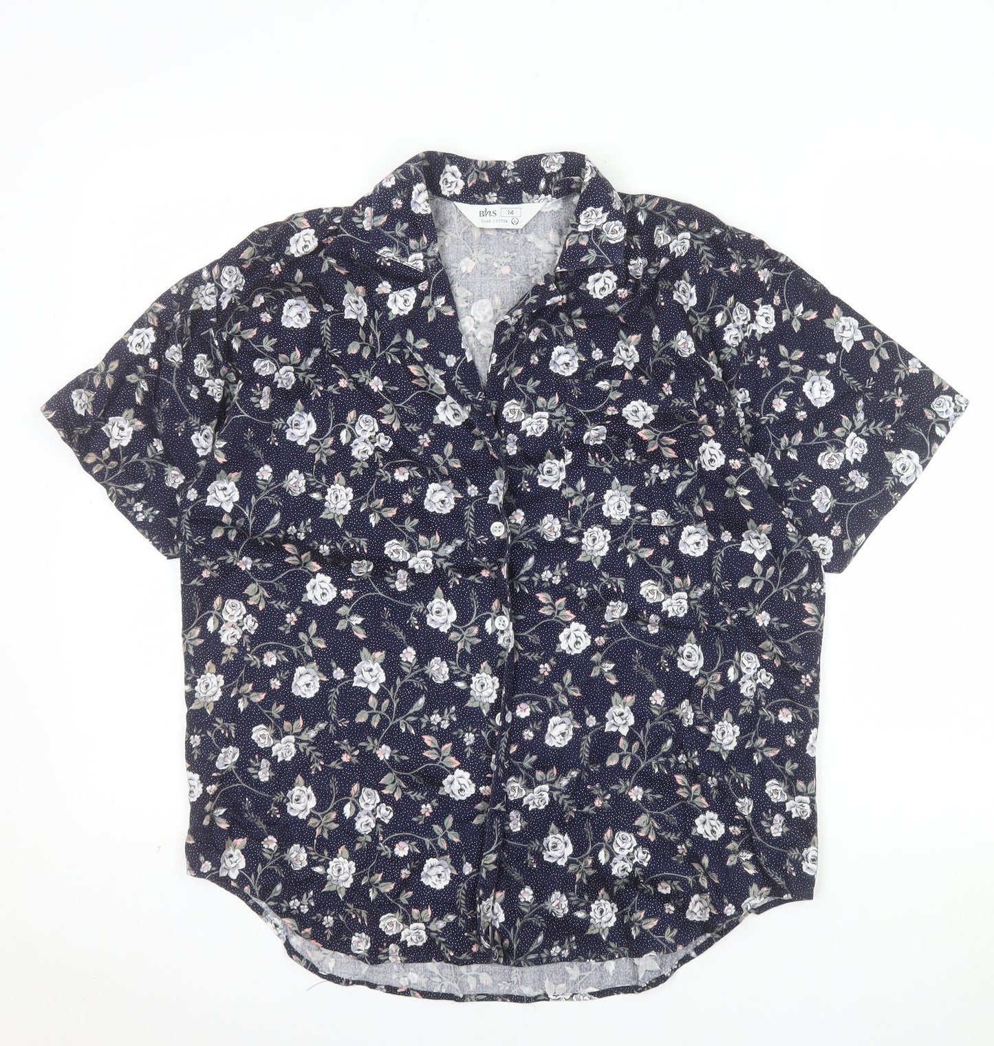 BHS Women’s Blue Floral 100% Cotton Short Sleeve Button-Up Shirt Size 14