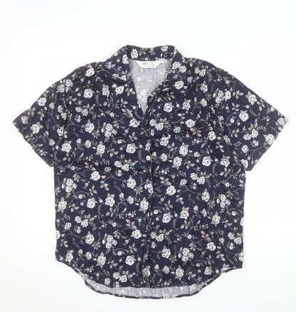 BHS Women’s Blue Floral 100% Cotton Short Sleeve Button-Up Shirt Size 14