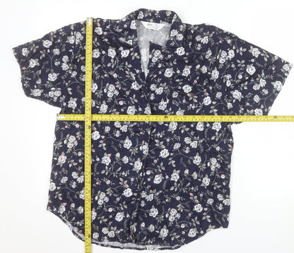 BHS Women’s Blue Floral 100% Cotton Short Sleeve Button-Up Shirt Size 14