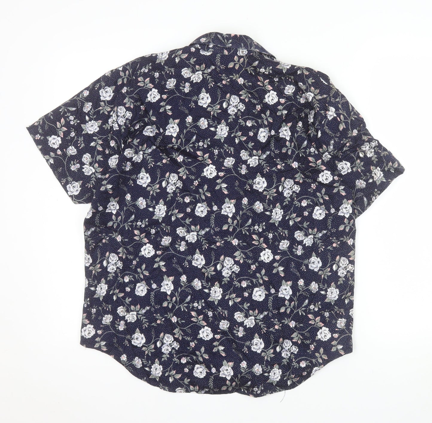 BHS Women’s Blue Floral 100% Cotton Short Sleeve Button-Up Shirt Size 14
