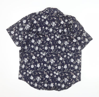 BHS Women’s Blue Floral 100% Cotton Short Sleeve Button-Up Shirt Size 14