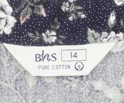 BHS Women’s Blue Floral 100% Cotton Short Sleeve Button-Up Shirt Size 14