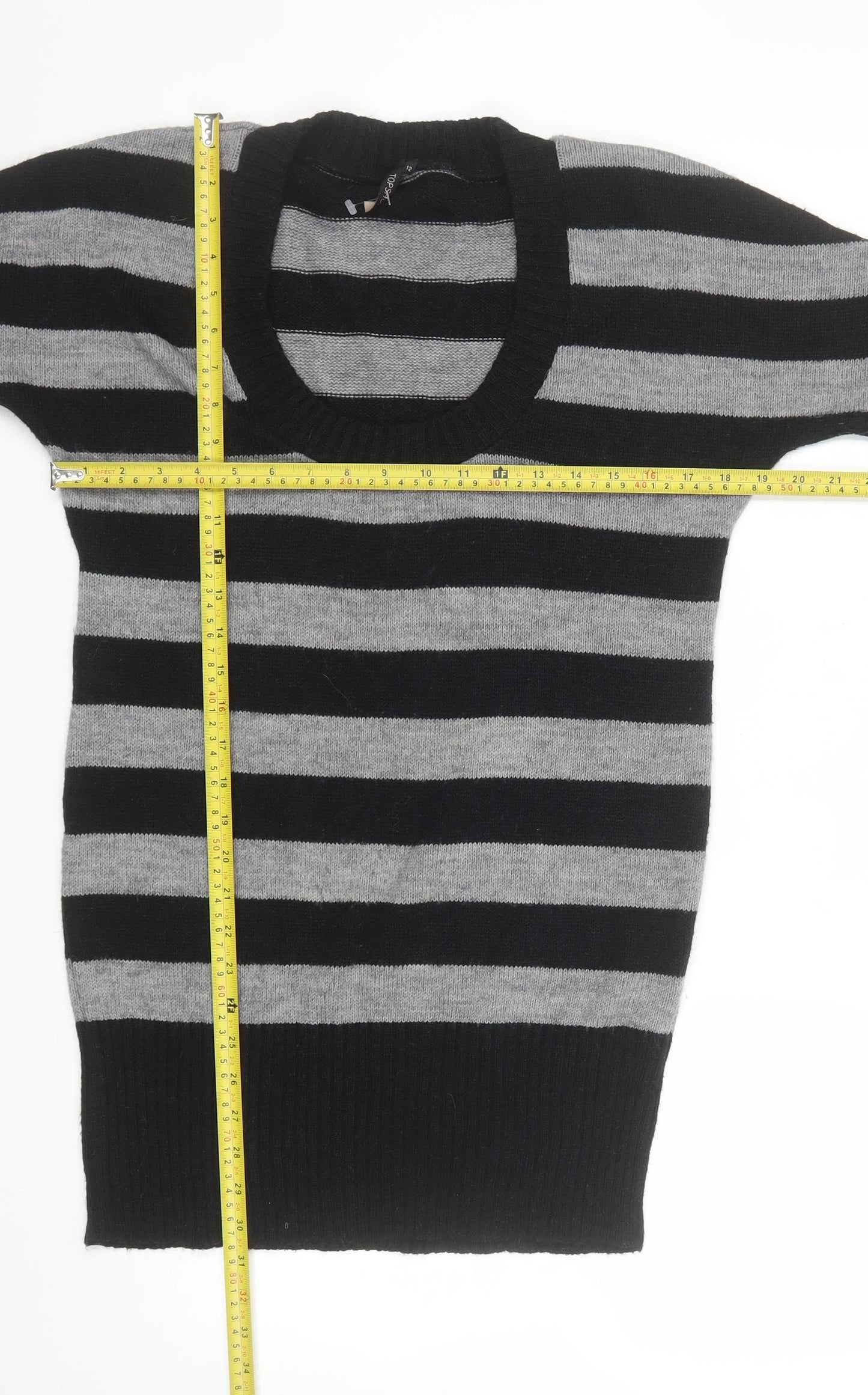 Topshop Women Black Grey Striped Knit Short Sleeve Pullover Jumper Size 12