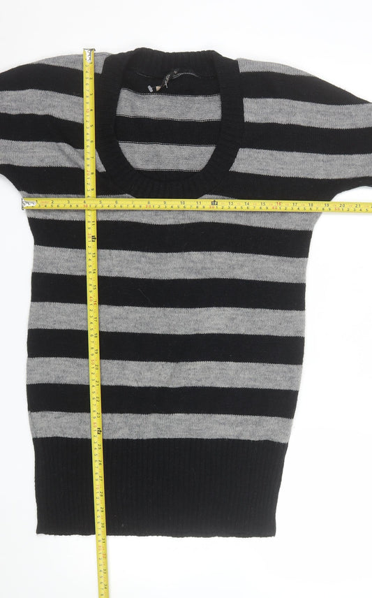 Topshop Women Black Grey Striped Knit Short Sleeve Pullover Jumper Size 12
