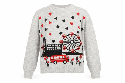 Tu Womens Grey City Print Knit Jumper Size 8 Crew Neck Pullover