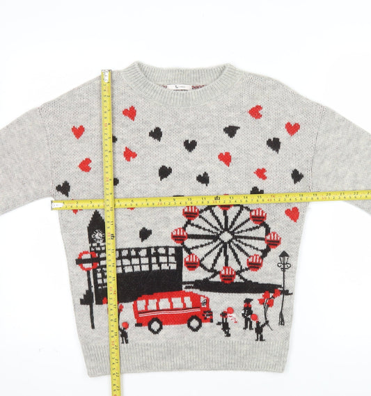 Tu Womens Grey City Print Knit Jumper Size 8 Crew Neck Pullover