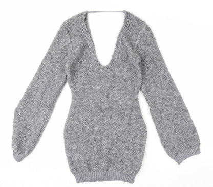 Pretty Little Thing Women's Grey V-Neck Chunky Knit Jumper Size S