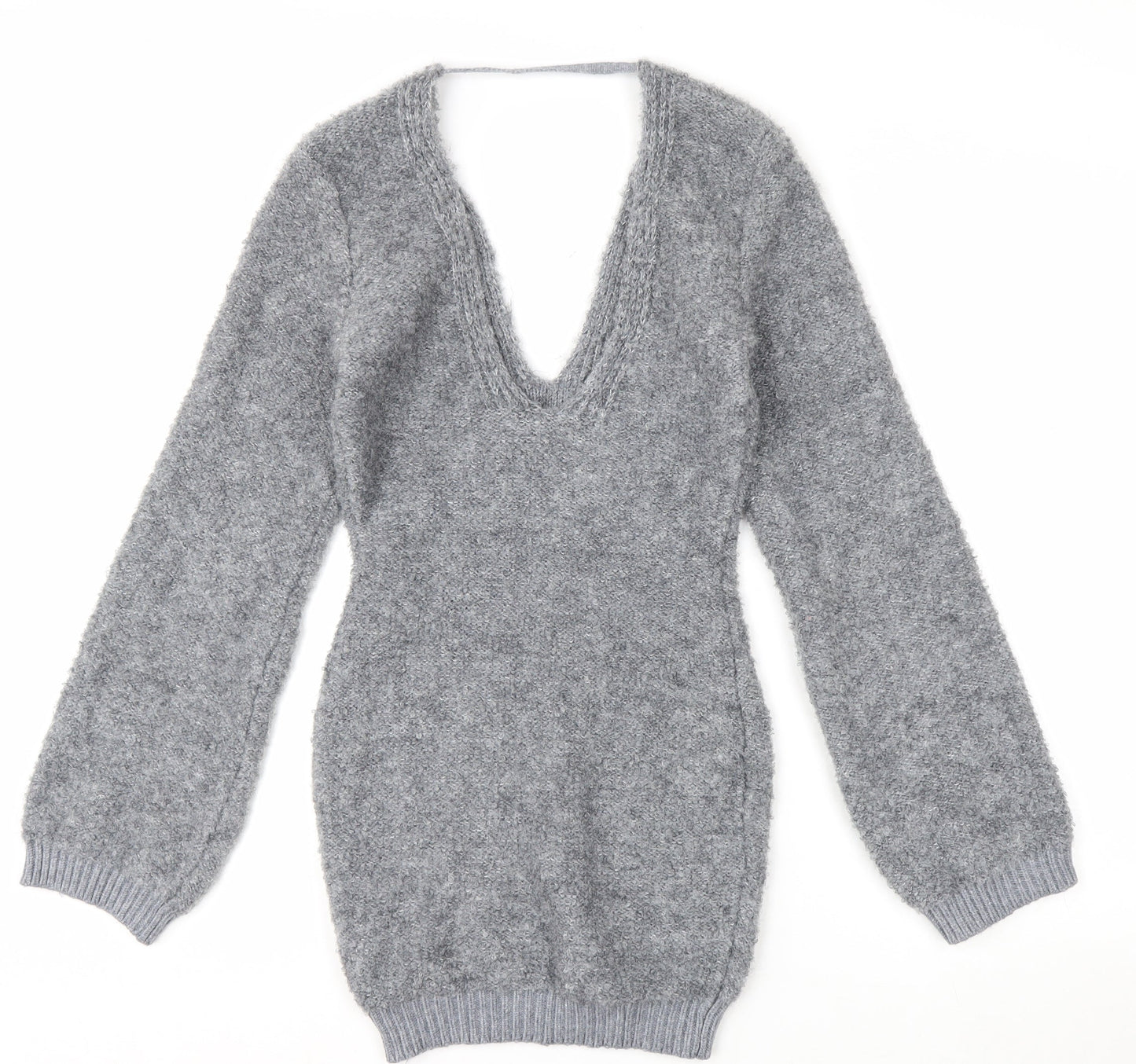 Pretty Little Thing Women's Grey V-Neck Chunky Knit Jumper Size S