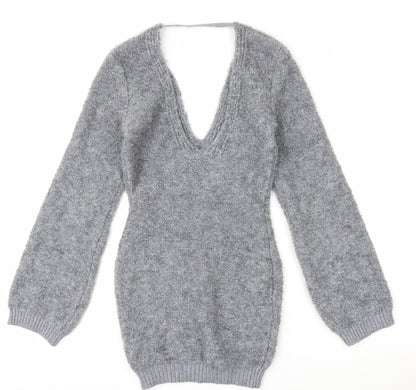 Pretty Little Thing Women's Grey V-Neck Chunky Knit Jumper Size S