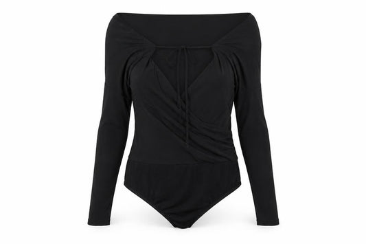 Lipsy Women’s Black Wrap Long Sleeve Off Shoulder Bodysuit Size 8