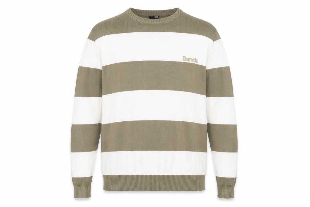 Bench Men's Beige Striped Crew Neck Cotton Acrylic Jumper Size M