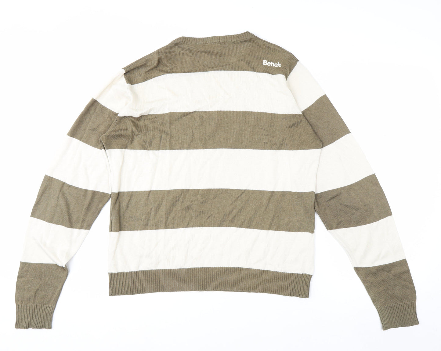 Bench Men's Beige Striped Crew Neck Cotton Acrylic Jumper Size M