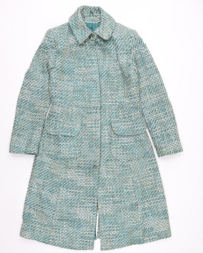 Next Women's Green Tweed Long Overcoat Size 10 Buttoned Wool Blend